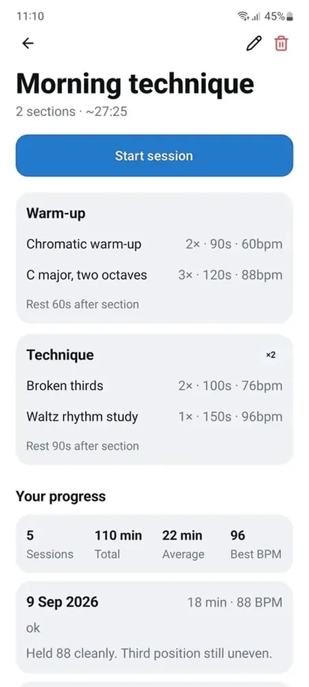 A practice routine with sections, reps, tempos and progress stats