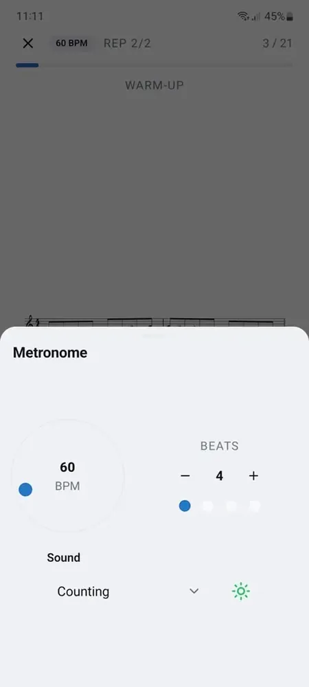 Metronome settings for tempo, beats and sound during a session