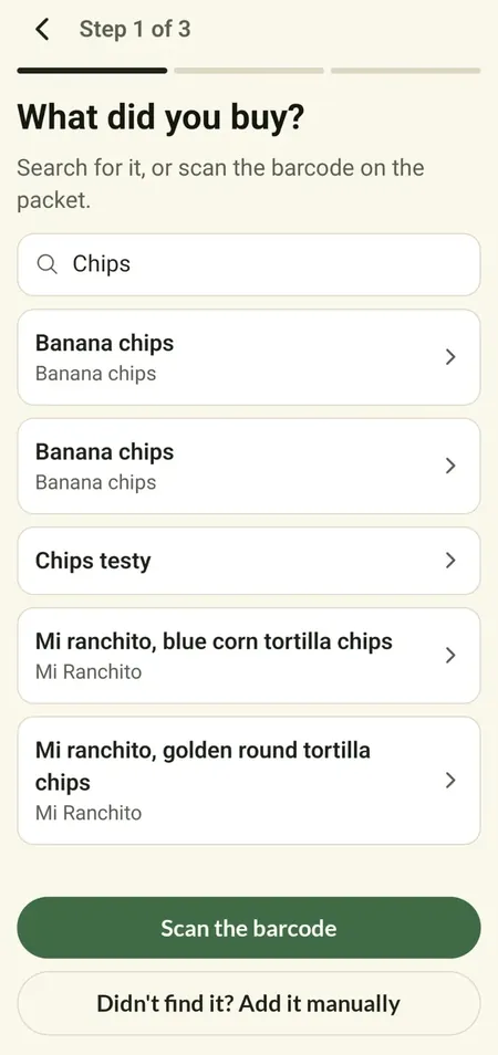 Adding food by searching the product catalogue or scanning a barcode