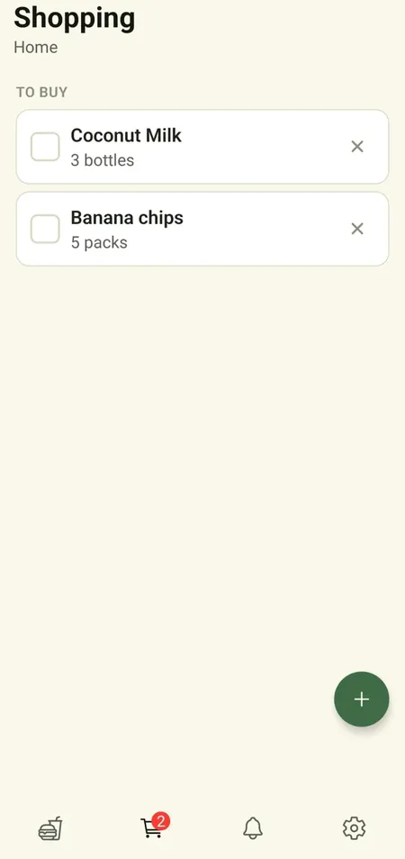 Shared shopping list with items to buy